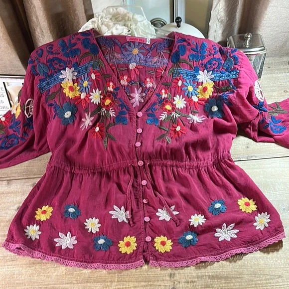 Johnny Was Magenta Floral Embroidered Blouse